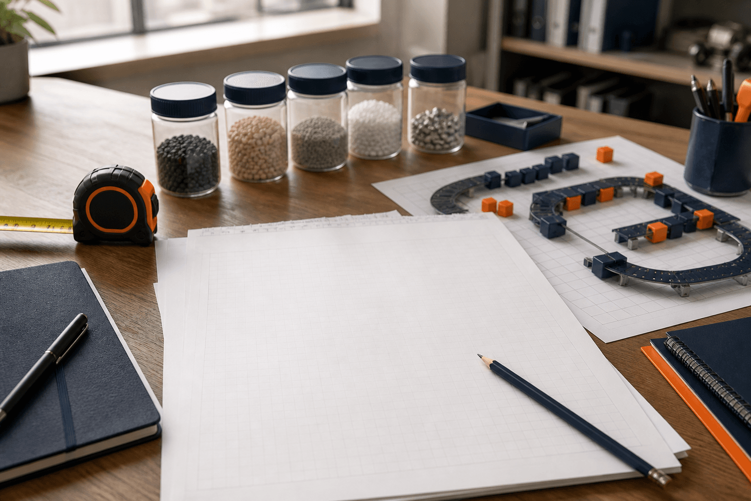 Blank process planning sheets, material samples and conveyor layout pieces