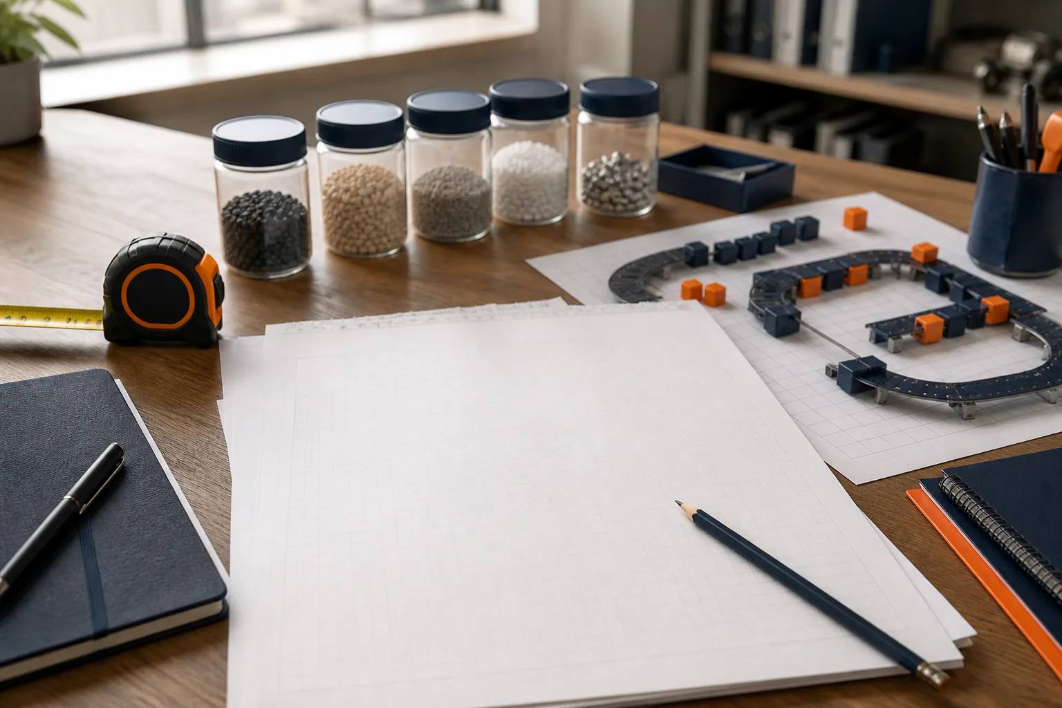 Blank process planning sheets, material samples and conveyor layout pieces