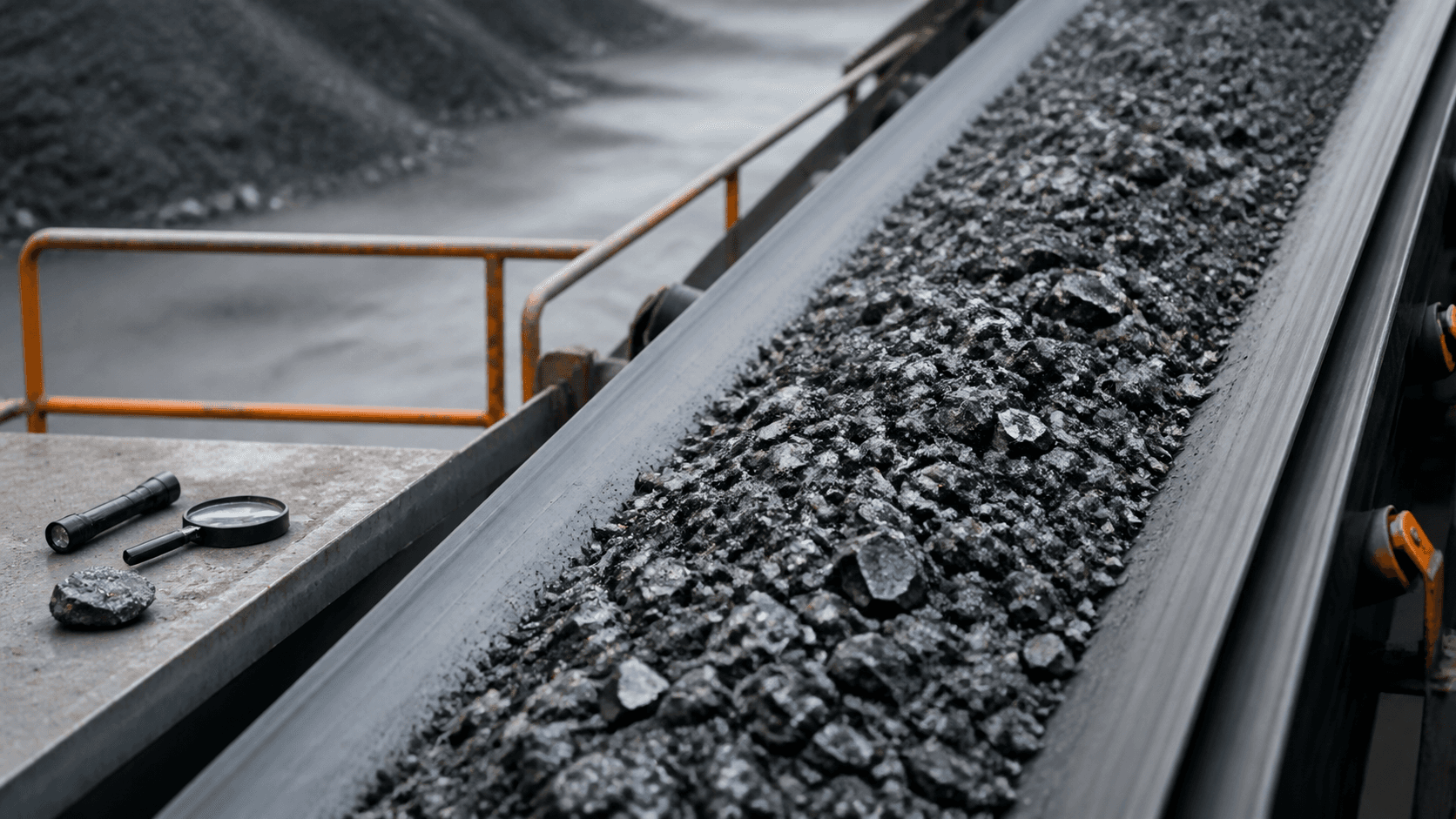 Bulk material on a conveyor beside generic inspection tools