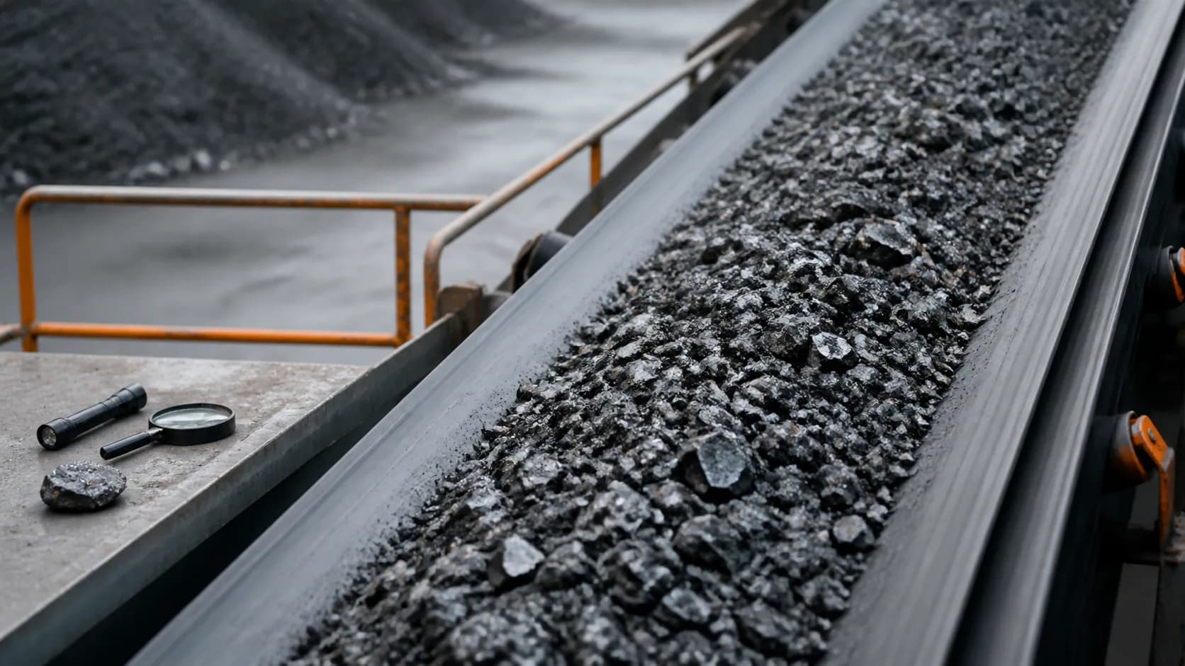 Bulk material on a conveyor beside generic inspection tools