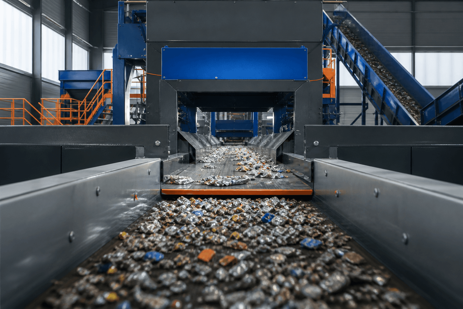 Línea de reciclaje organizada con cinta de clasificación de metal